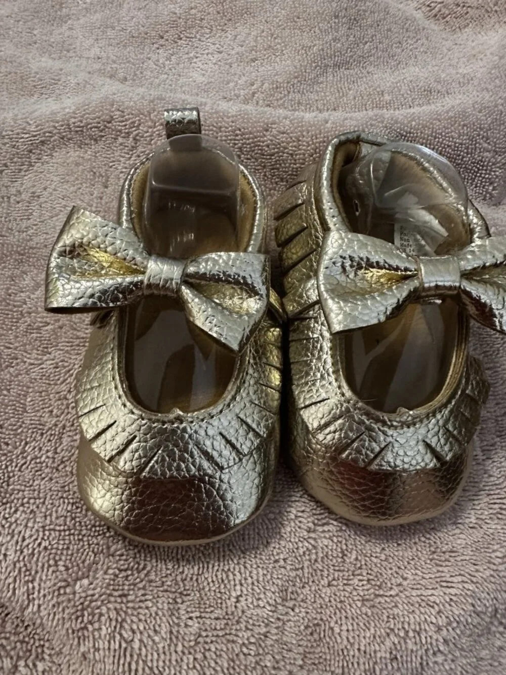 Gold Metallic Baby Shoes with Bow Detail By Curls & Pearls 0-12 Months